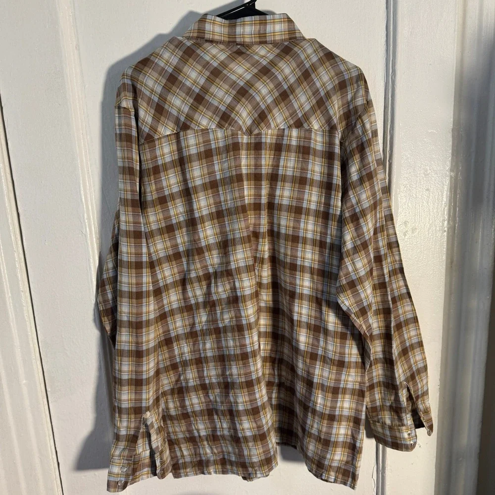 Vintage Levis Sportswear Western Pearl Snap Shirt Plaid Brown Blue Mens XL Cabin